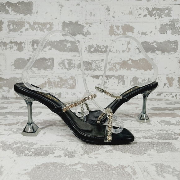 New CHASE & CHLOE Double Rhinestone Pyramid Heel Sandal In Black Silver D702 - Picture 3 of 12